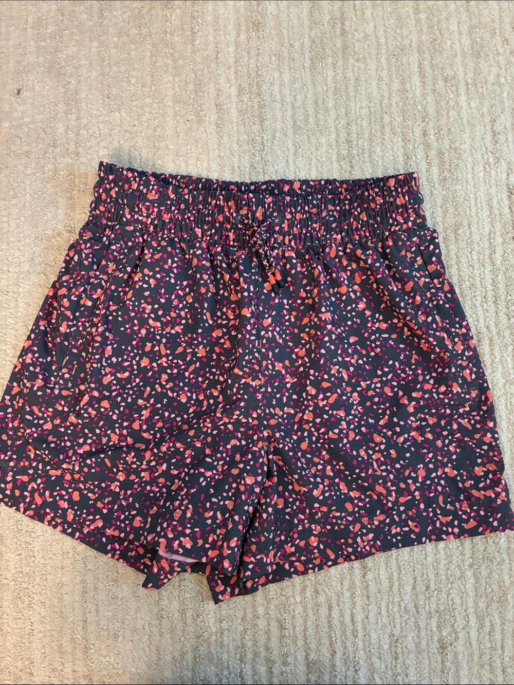 Athleta Girl Drawstring Elastic Waist Grey Shorts with Pink Confetti Print